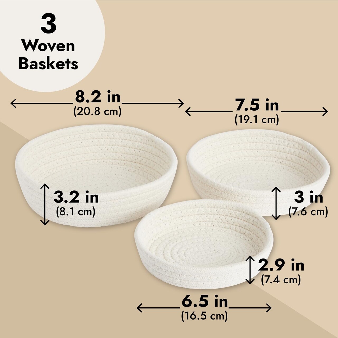 3 Pieces Small Round Cotton Rope Woven Storage Baskets - Nesting Bins for Organizing Home and Montessori Toys (White, 3 Sizes)